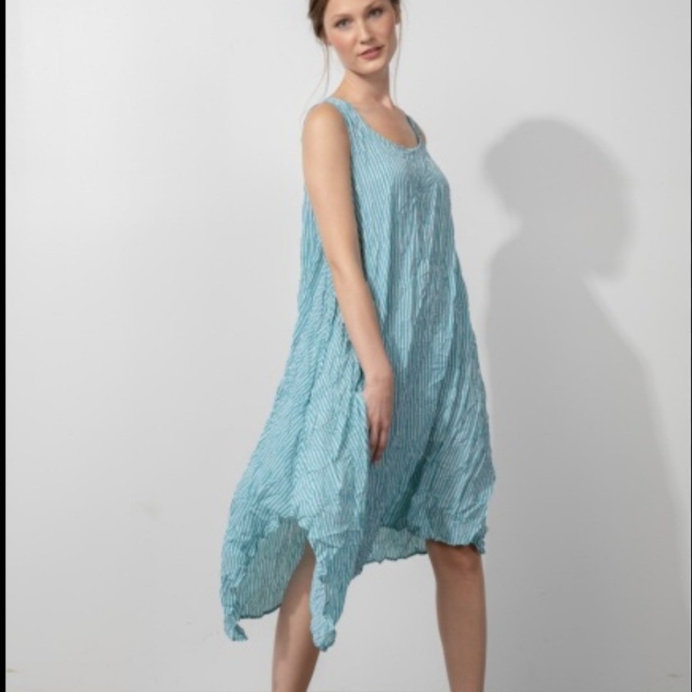 Liv By Habitat Teal Striped Crinkle Asymmetrical Dress Women S Lagenlook Artsy
